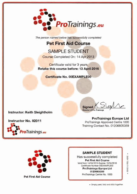 ProTrainings Pet First Aid Certificate and Wallet Card
